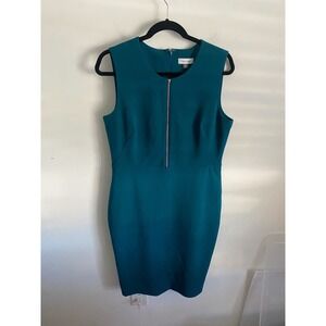 Calvin Klein Teal Sheath Dress Gold Zipper Sleeveless Size 12